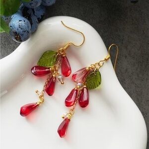Handmade Glass Pomegranate Seed Dangle Earrings - Red Glass Beads